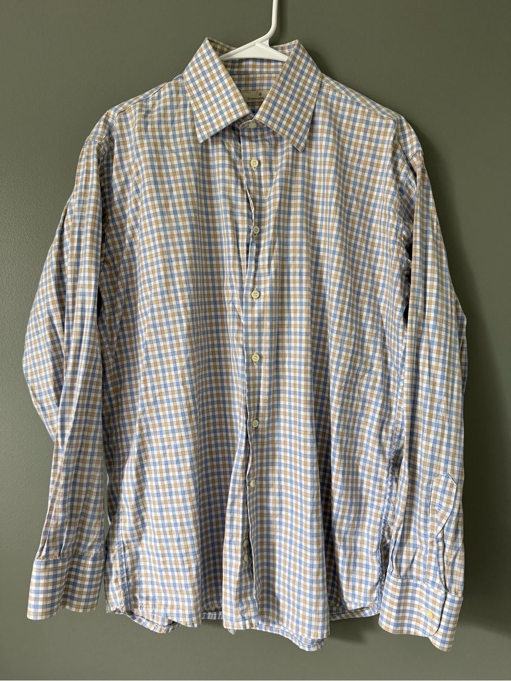 Ermenegildo Zegna Men's Blue Tan White Checkered Dress Shirt Collared 41/16